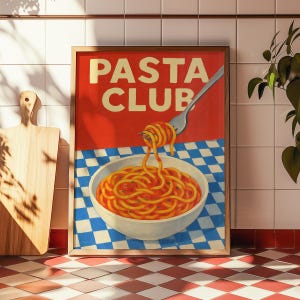 Stampa artistica digitale Pasta Club, audace decorazione murale retrò con spaghetti, divertente decorazione per cucina italiana, poster per amanti della pasta, dipinto, download immediato
