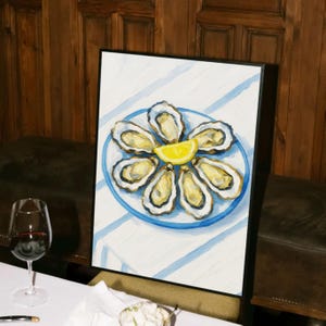 Impresión artística digital de plato de ostras, decoración de pared para cocina costera, ilustración de mariscos franceses con limón, póster de comida náutica, descarga instantánea