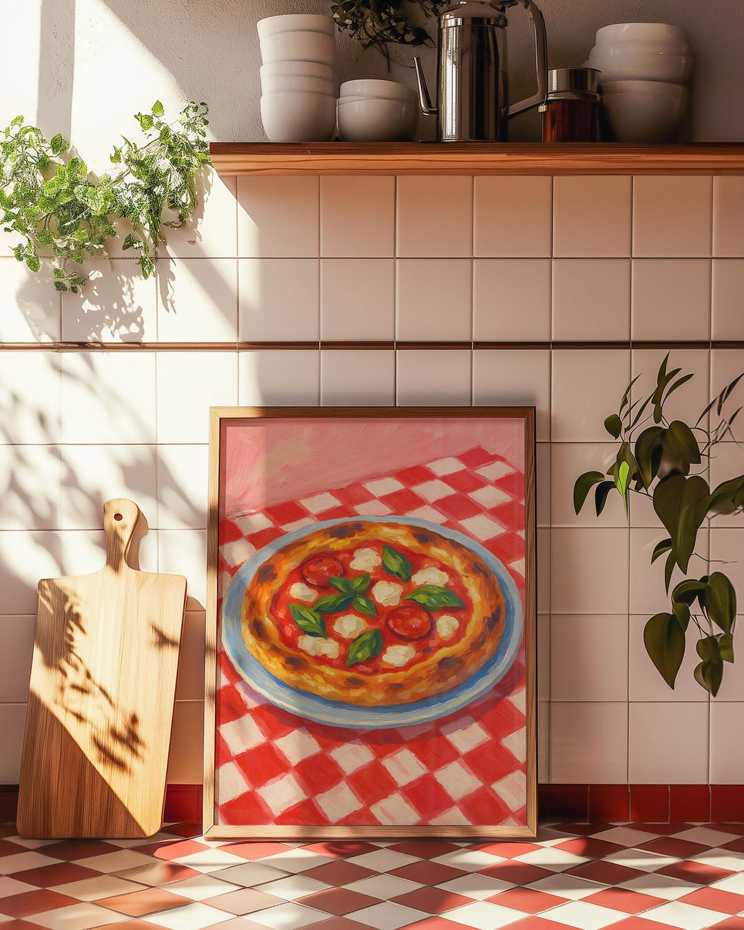 Pepperoni Pizza Digital Art Print, Retro Italian Kitchen Wall Art, Red ...