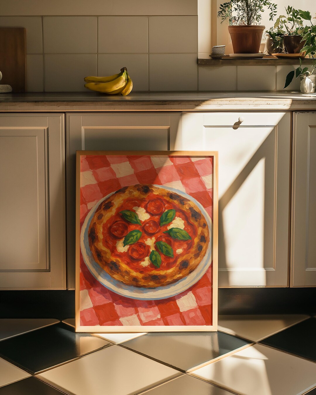 Pepperoni Pizza Digital Art Print, Retro Italian Kitchen Wall Art, Red ...