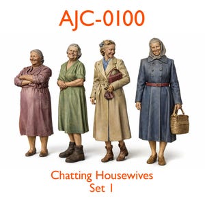 May include: Four figurines of women in vintage clothing. The women are in various poses, with one crossing her arms and another holding a basket. The figurines are in shades of pink, green, tan, and blue. The text "AJC-0100" and "Chatting Housewives Set I" are visible.
