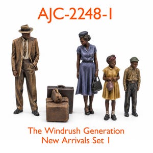 May include: A miniature figurine set titled AJC-2248-I The Windrush Generation New Arrivals Set I, featuring four figures: a man in a brown suit and hat, a woman in a blue dress with a handbag, a girl in a yellow dress, and a boy in a shirt and trousers, with three brown suitcases.