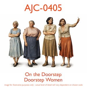 Può includere: Sono raffigurate quattro figure in abiti vintage, ognuna con pose e abiti unici. Le figure sono dipinte con dettagli realistici, mostrando una gamma di colori nei loro abiti. Il testo "AJC-0405" è in alto e "On the Doorstep Doorstep Women" in basso.