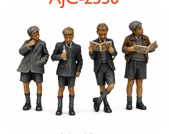 1950s School Boys Set 1 (4no) - Unpainted- High-Detail Resin Model Railway Figures - O/OO scale