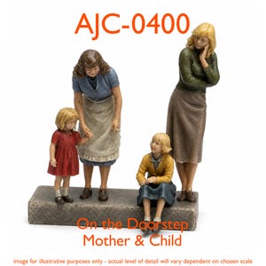 May include: A miniature figurine set titled AJC-0400 On the Doorstep Mother & Child, featuring four figures on a stone-textured base. Two adults and two children are depicted in casual clothing, including a red dress, blue top, yellow cardigan, and green sweater.