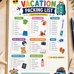 May include: A printed vacation packing list on a clipboard with colorful icons and text including MY VACATION PACKING LIST, Don't forget the fun!, and I'M READY FOR ADVENTURE!. The checklist features categories like clothes, beach, and toiletries.