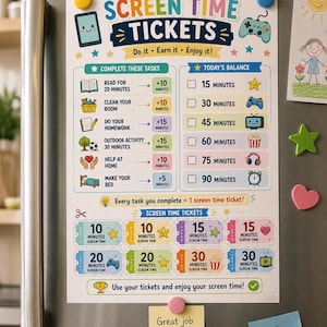 Screen Time Tickets Printable for Kids, Earn Screen Time Reward Chart, Summer Screen Time Rules, Kids Chore Reward System, Instant Download