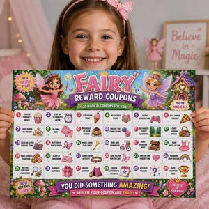 Peut inclure: Un tableau de récompenses rectangulaire intitulé Fairy Reward Coupons avec 30 cases numérotées illustrant des activités comme une soirée film, une glace et une balade à vélo. Le tableau présente des accents roses et violets, des fées et le texte You Did Something Amazing.