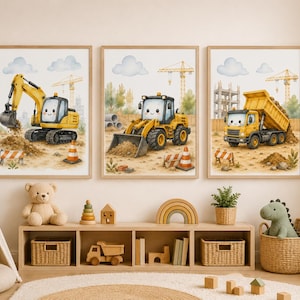 Construction Vehicle Nursery Wall Art Set of 3, Watercolor Dump Truck Excavator Loader Prints, Cute Construction Decor Boy Room