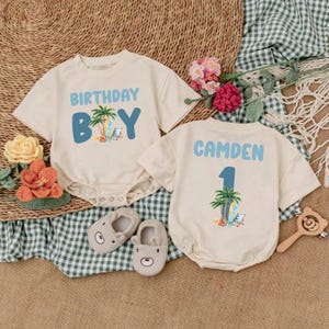 Personalized Beach Birthday Boy Baby Romper, Surf Beach Theme Party, Cake Smash Outfit for Baby Boy, Surf First Birthday Bodysuit