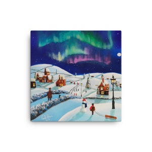 Winter village, folk art canvas print