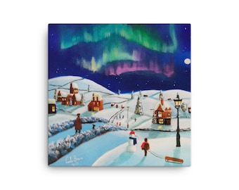 Winter village, folk art canvas print
