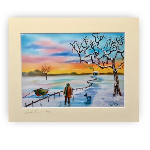 Snow scene, landscape print, a walk in winter with a Scottie dog painting from 2014