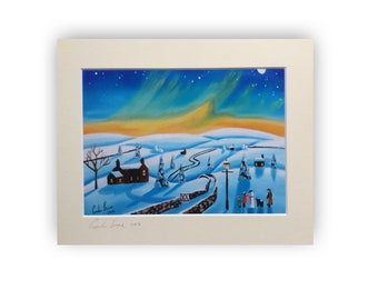 Folk Art Print - Whimsical Winter Delight Making a Snowman in a Charming 2016 Scene by Gordon Bruce