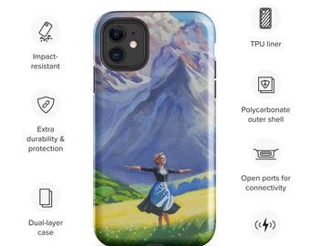 May include: A dual-layer phone case with a colorful mountain scene and a woman in a white dress standing in a field of flowers. The case is impact-resistant and compatible with wireless charging.
