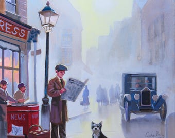 Original Oil Painting, Nostalgic Street Scene, Man Reading Newspaper with Dog (16x16)