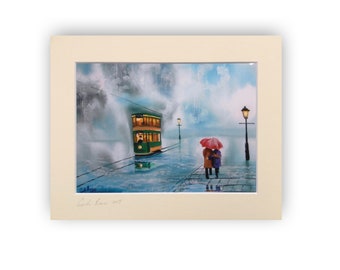 Red umbrella Romantic couple print, rainy day, couple in the rain painting from 2013