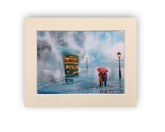 Red umbrella Romantic couple print, rainy day, couple in the rain painting from 2013