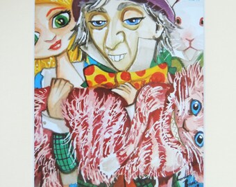 Alice in Wonderland watercolour mounted print with the Mad Hatter & Cheshire cat