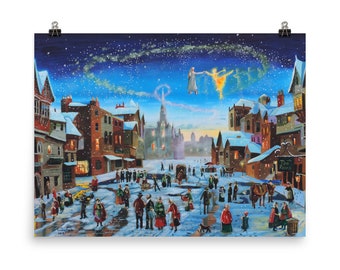 Affiche d'art inspirée d'un chant de Noël – Scrooge et le fantôme des Noëls passés, illustration murale hivernale de Dickens