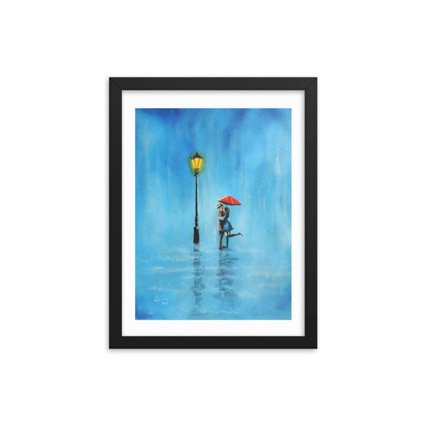 Kissing couple in the rain Framed print