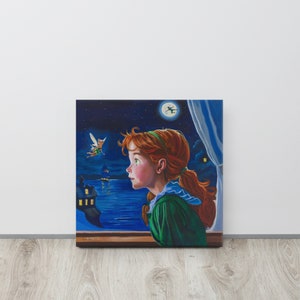 Enchanting Wendy and Tinker Bell Canvas Print - Peter Pan Starry Night Adventure