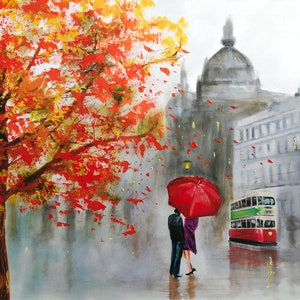 Rainy couple with a red umbrella print