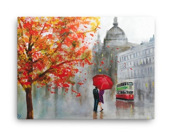 Rainy couple with a red umbrella print on Canvas