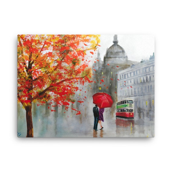 Rainy couple with a red umbrella print on Canvas