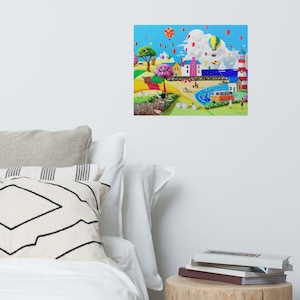 Naive art print, Folk art seaside decor, lighthouse and a Highland cow