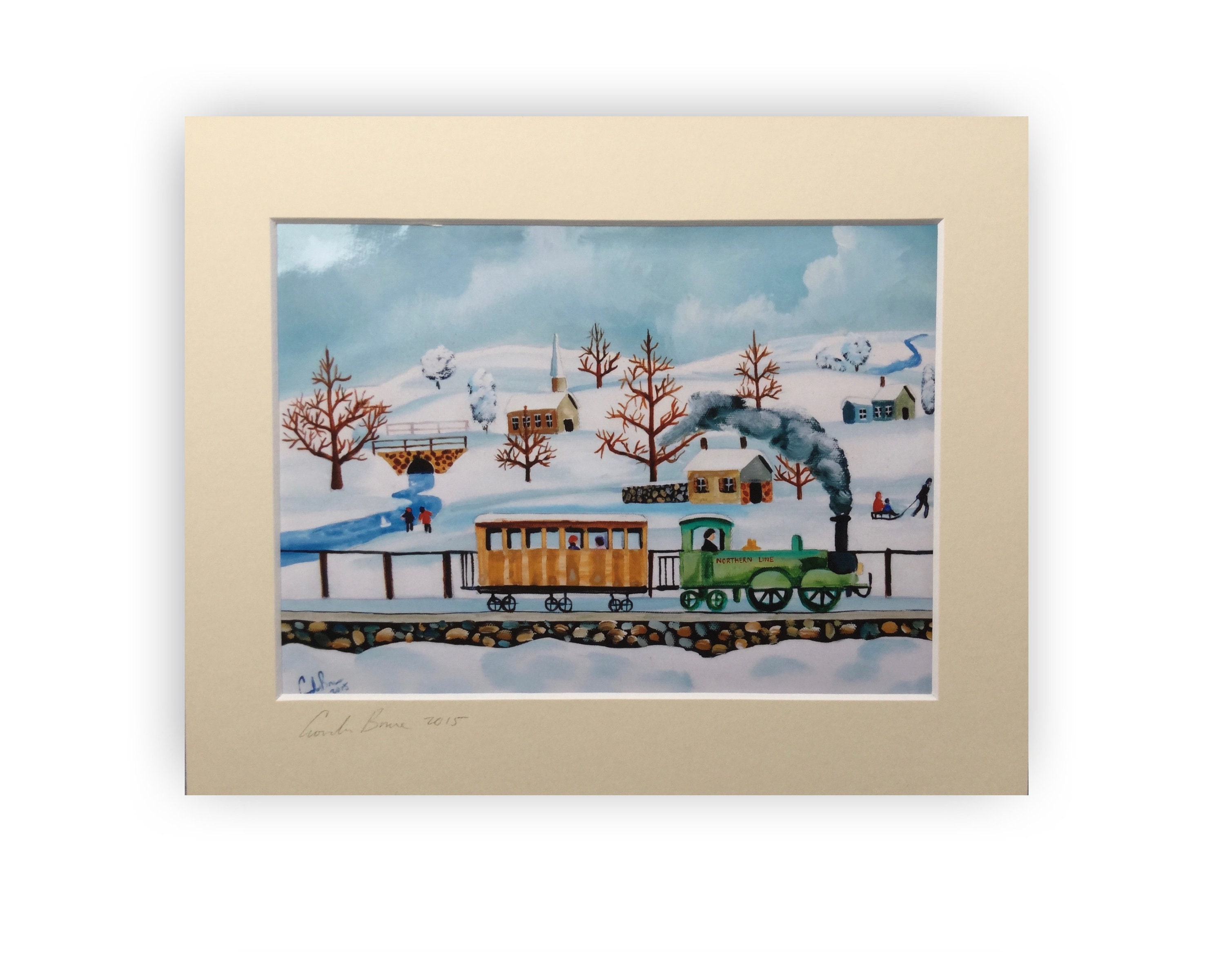 Winter Folk art print, Green steam train winter painting from 2015