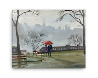 Couple in the rain with a red umbrella, Edinburgh city Canvas print