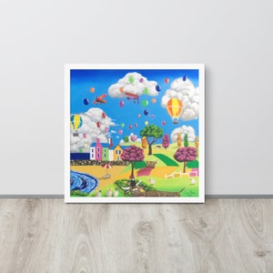 naive art framed print, folk art Seaside view with Highland cow
