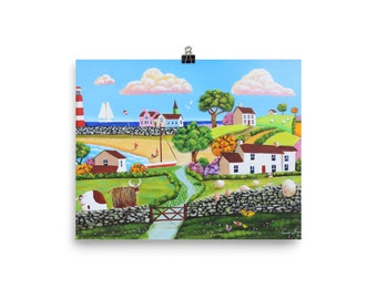 Folk art print, A Highland cow and sheep in a happy seaside landscape Poster
