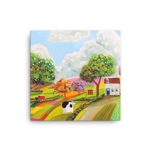 May include: A colourful painting of a rural landscape with a white farmhouse, a black and white cow, and a red truck. The sky is blue with white clouds. The fields are green and yellow with flowers.