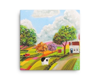 Cow in patchwork fields Canvas