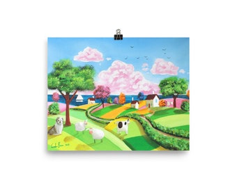A happy folk art seaside scene print, Gordon Bruce art Poster