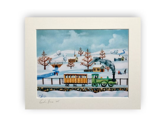 Folk Art Print Green Steam Train Winter Painting From 15 Etsy