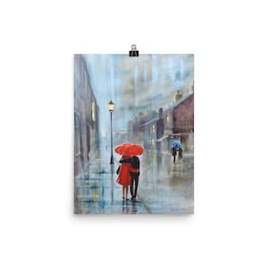 Romantic Rainy Day: Couple Walking with Red Umbrella - Fine Art Print