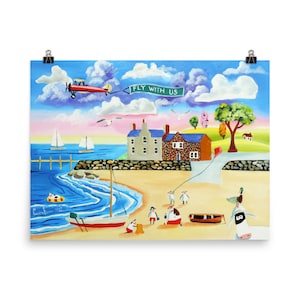 Folk art print, Animals at the seaside Poster, nursery wall art decor idea