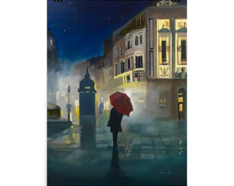 Night in the city with a red umbrella print