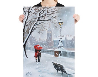 May include: A snowy winter scene in London with Big Ben in the background. A couple walks hand-in-hand under a red umbrella. A park bench sits in the foreground.