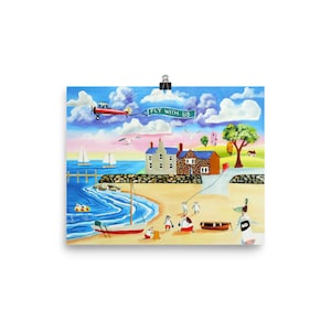 Folk art print, naive art seaside animals