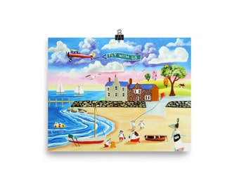Folk art print, naive art seaside animals