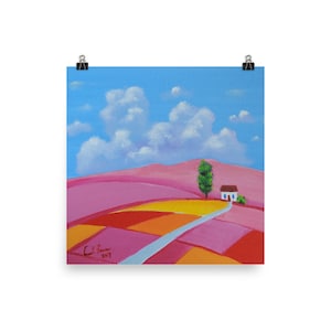 May include: A painting depicting a pink and orange landscape with a white house and a green tree. The sky is blue with white clouds. The painting is signed "C.L.P. 2019".