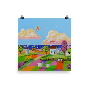 Folk art prints, patchwork fields naive art Photo paper poster