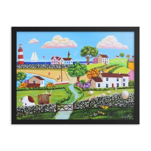 Folk art framed print, colourful naive art, cows and the seaside print