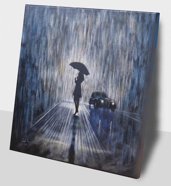 雨の中の女性オリジナル絵画 - Etsy 日本