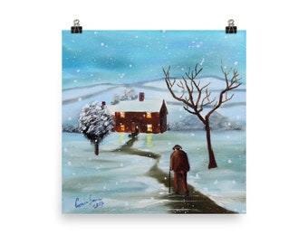 雪の冬の油絵。クリスマスの傑作絵画。雪に覆われたアート 古い