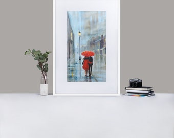 Red umbrella rainy print, framed poster from my original oil painting